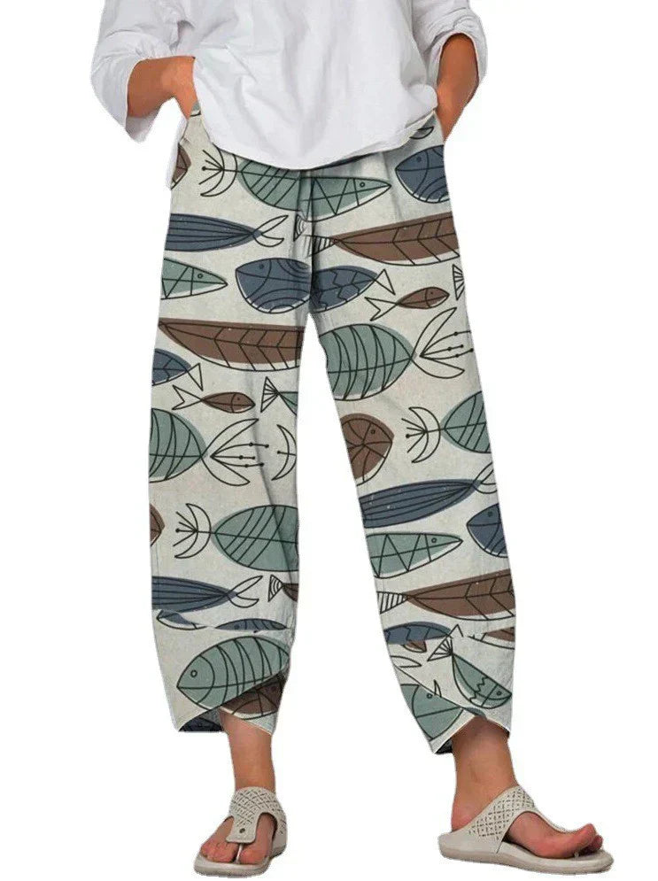 Pantalones sueltos de mujer Linda con cintura gris y llamativas costuras estampadas