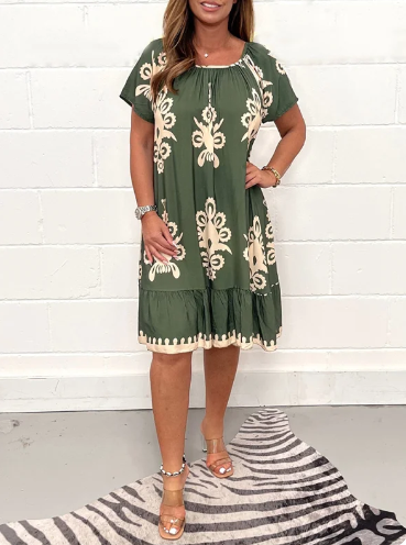 Vestido con elegante cuello cuadrado y vibrante estampado geométrico multiusos