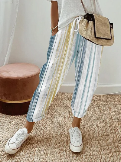 Elegantes pantalones de salón vintage con bolsillos a rayas para mujer