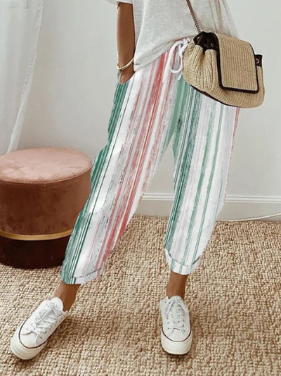 Elegantes pantalones de salón vintage con bolsillos a rayas para mujer
