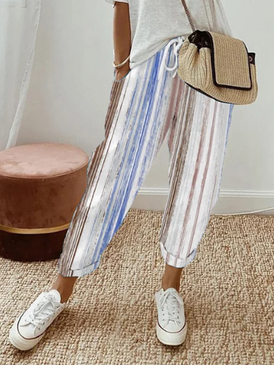 Elegantes pantalones de salón vintage con bolsillos a rayas para mujer