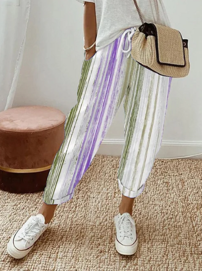 Elegantes pantalones de salón vintage con bolsillos a rayas para mujer