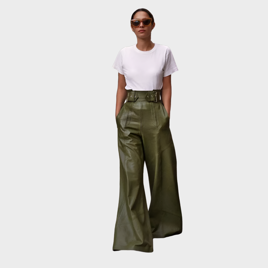 Hélène - Pantalón ancho de cuero sintético con bolsillos plisados