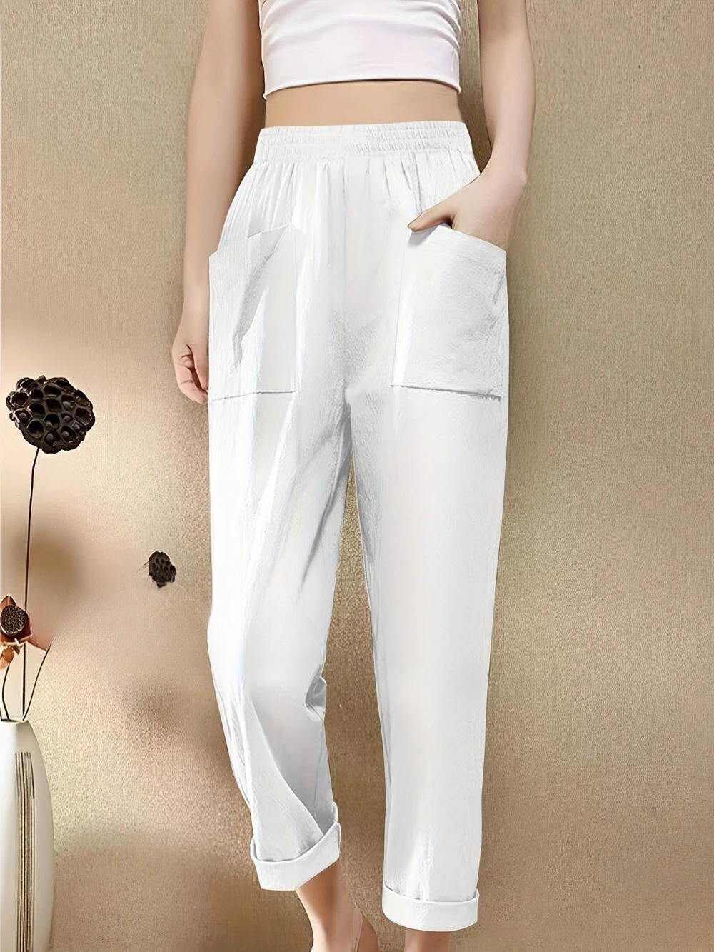 Pantalón Elástico de Pierna Recta con Prácticos Bolsillos - Ideal para Tallas Grandes de Maria