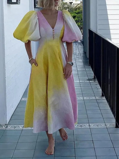 Delia - Elegante vestido con mangas voluminosas y sofisticado cuello en V