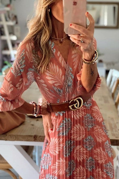 Vestido Plisado de Manga Larga Wendy con Encantador Estampado Botánico