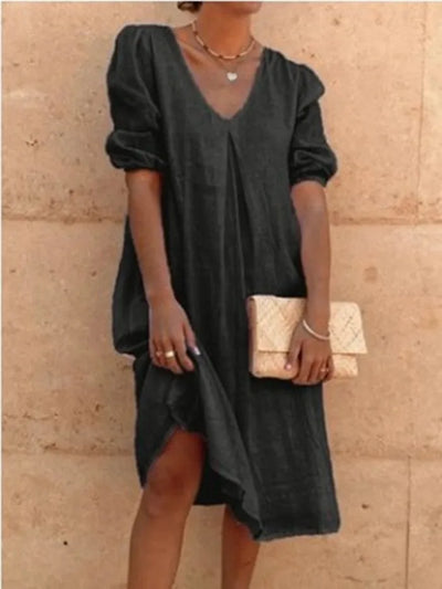 Sara - Elegante vestido de lino casual con encantador cuello en V