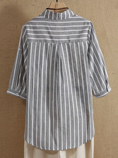 Delia - Camisas y tops informales de media manga con cuello de pico y estampado de rayas