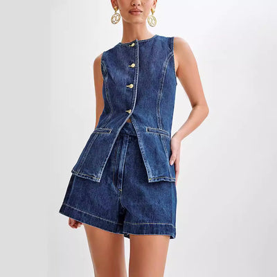 Valentina | Moderno Conjunto Casual de Jeans: Chaleco Sin Mangas y Pantalones Cortos Con Estilo