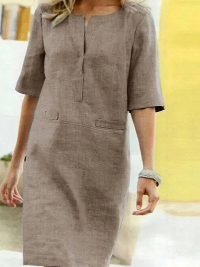 Vestido Linda de Manga Corta en Combinación de Algodón y Lino para Mujer - Comodidad y Estilo juegan a tu Favor