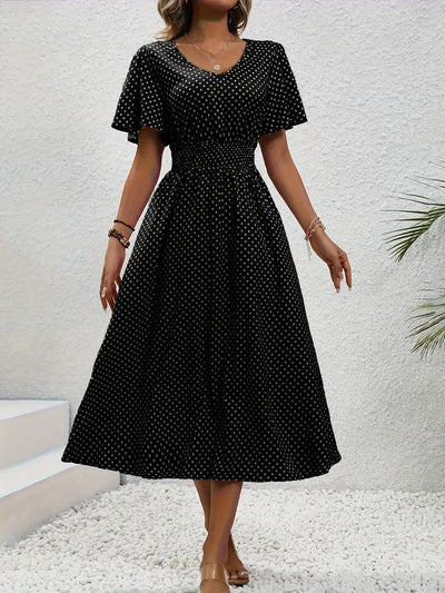 Carolina - vestido casual de manga corta con elegante estampado integral y cintura redondeada