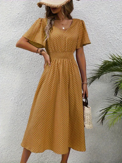 Carolina - vestido casual de manga corta con elegante estampado integral y cintura redondeada