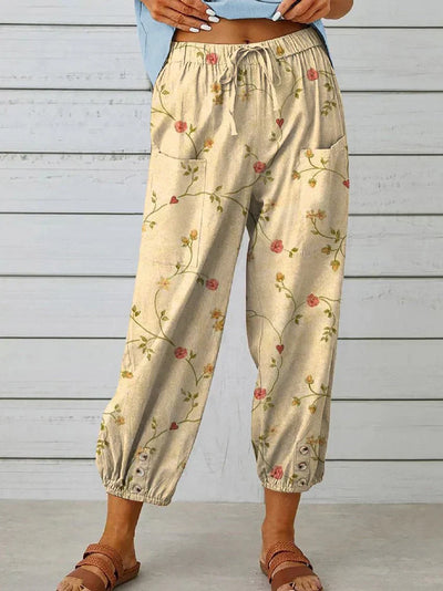 Pantalones Casual de Mujer Amalie con Encantador Estampado Floral Retro en Algodón