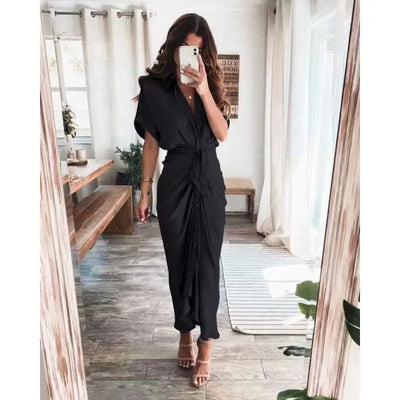 Vestido camisero plisado de satén con estampado y sofisticado detalle de vendaje - Paula