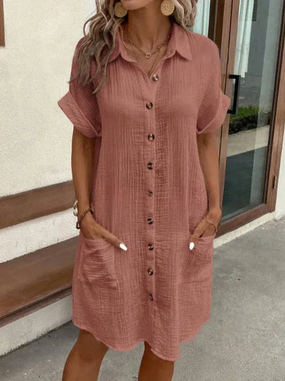 Karla - Elegante Vestido Camisa de Algodón y Lino para Mujer con Solapa y Manga Corta, Diseño de Un Pecho