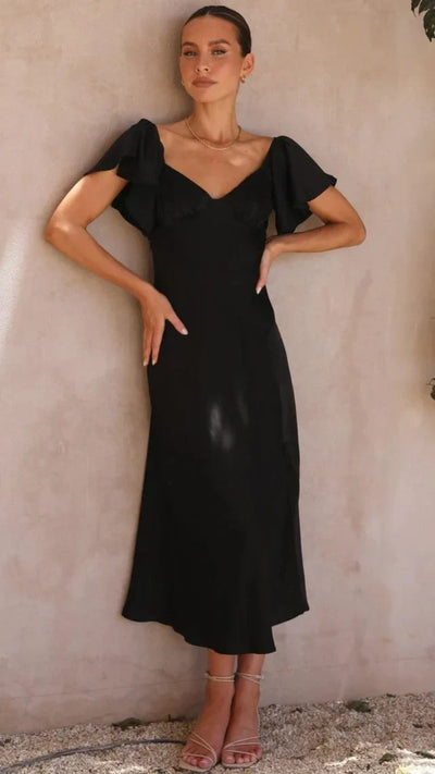 Vestido Midi Negro con Hombros al Descubierto - Estilo Victoria Elegante