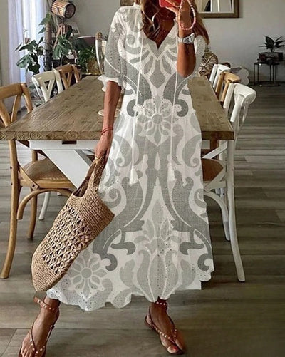 Evelyn - Elegante vestido midi bohemio de manga corta con cintilla y encantador estampado tipo V