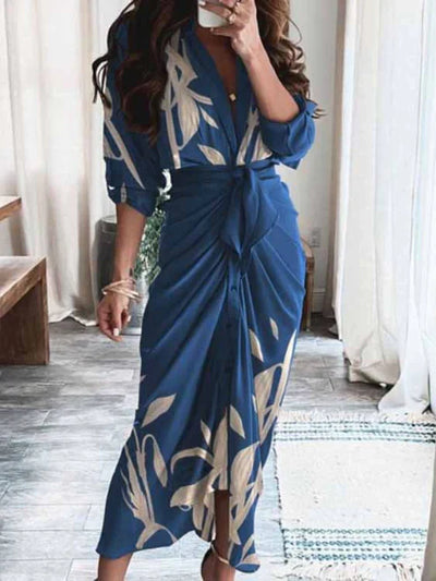 Valentina - Sofisticado Vestido Casual con Cuello en V y Cinturón que Define la Cintura