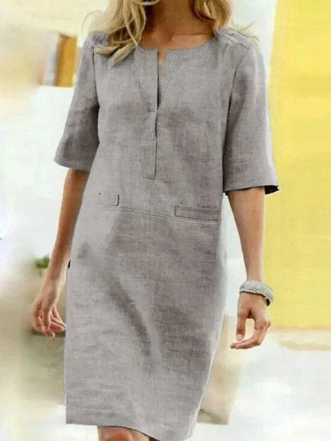 Vestido Linda de Manga Corta en Combinación de Algodón y Lino para Mujer - Comodidad y Estilo juegan a tu Favor
