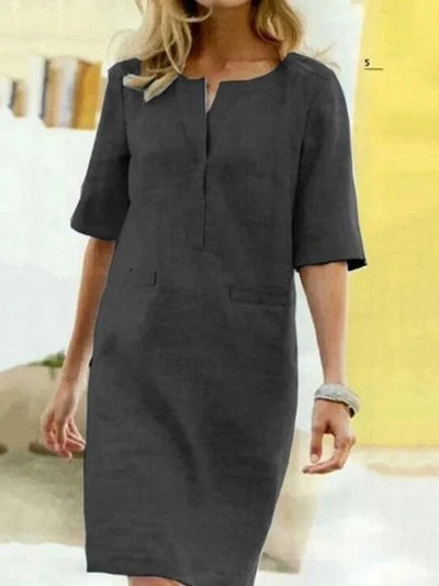 Vestido Linda de Manga Corta en Combinación de Algodón y Lino para Mujer - Comodidad y Estilo juegan a tu Favor