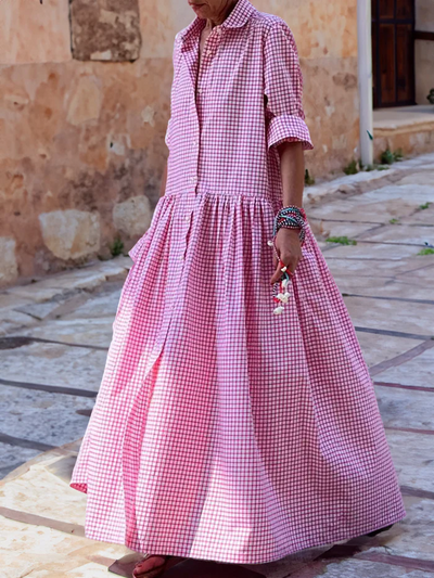 Elegante maxivestido patchwork de manga larga para mujer