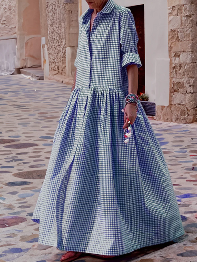 Elegante maxivestido patchwork de manga larga para mujer
