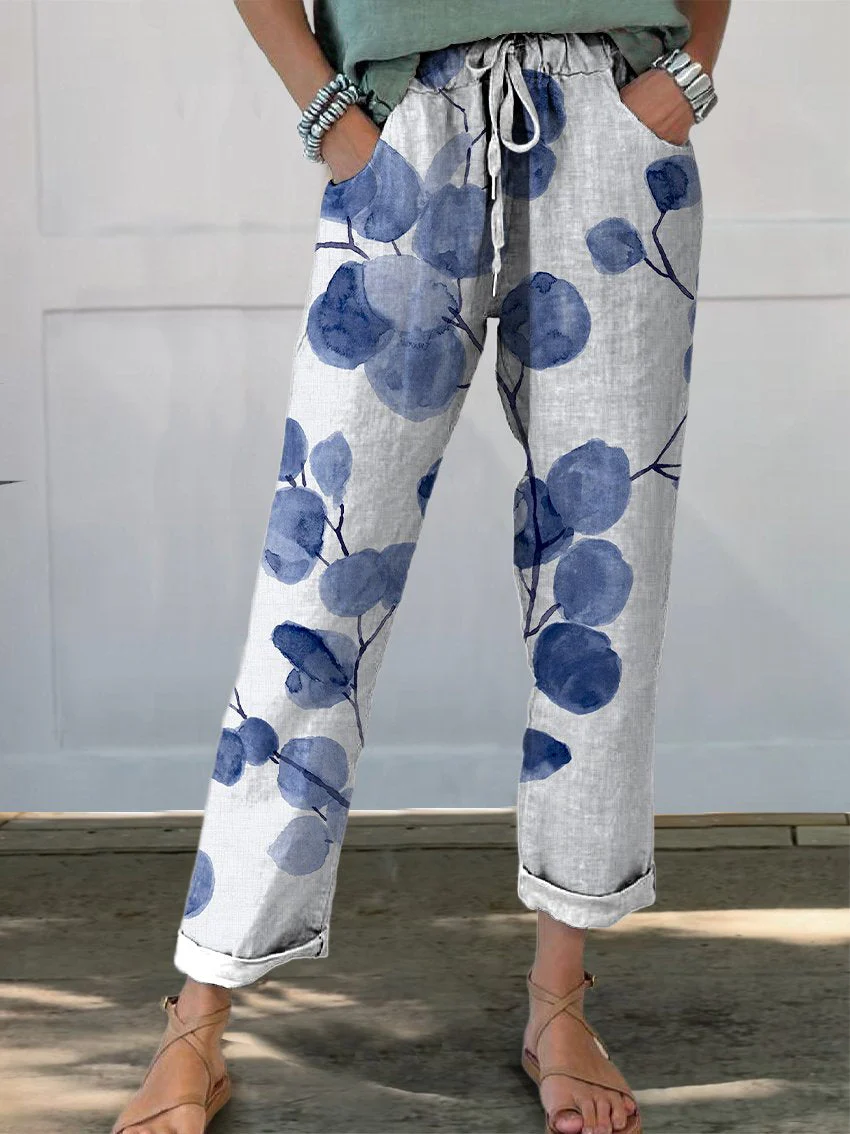 Pantalones Casual de Algodón y Lino para Mujer con Encantador Estampado Botánico Retro - Olga