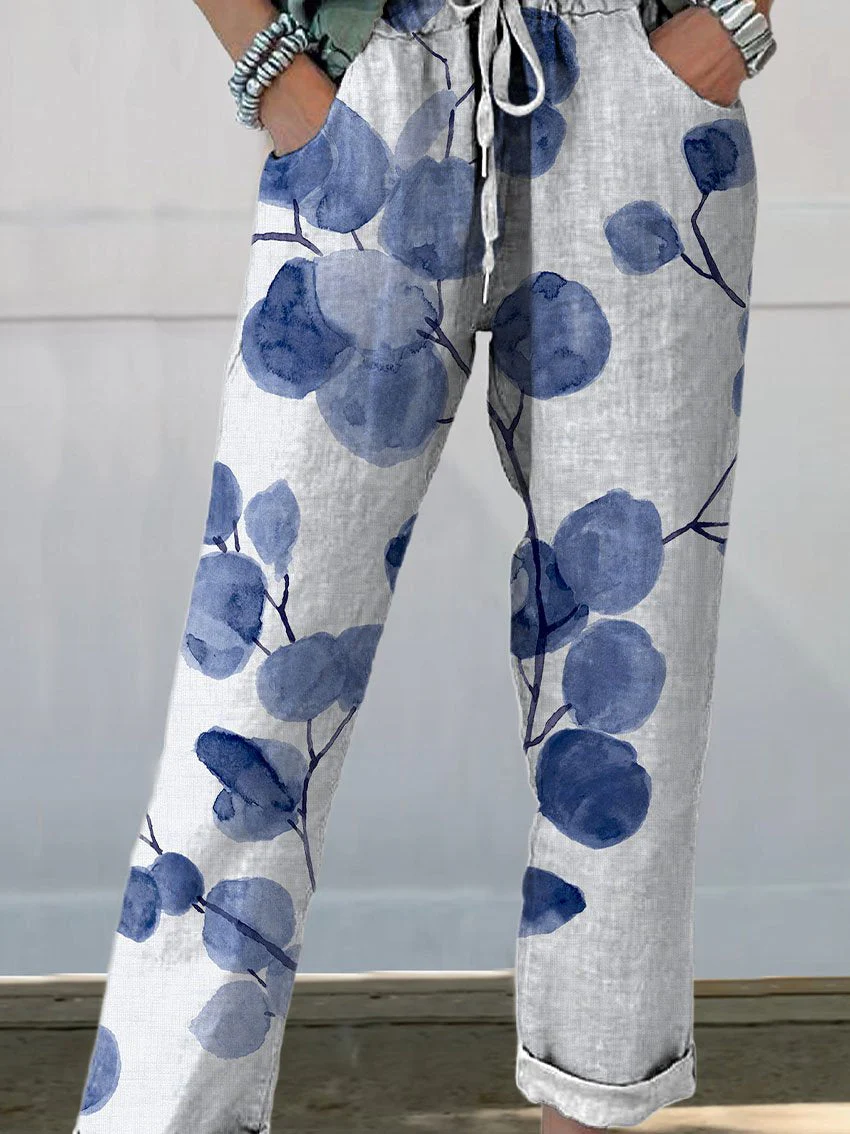 Pantalones Casual de Algodón y Lino para Mujer con Encantador Estampado Botánico Retro - Olga