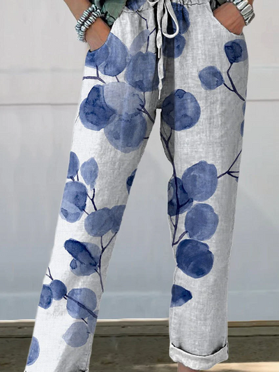 Pantalones Casual de Algodón y Lino para Mujer con Encantador Estampado Botánico Retro - Olga