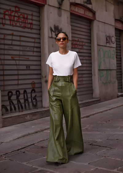 Hélène - Pantalón ancho de cuero sintético con bolsillos plisados