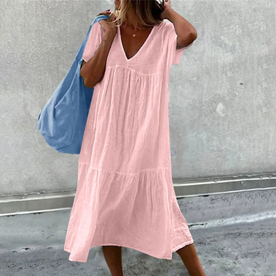 Vestido Casual Desiree con Elegante Corte Recto, Cuello en V y Práctico Bolsillo para Mujer