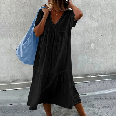 Vestido Casual Desiree con Elegante Corte Recto, Cuello en V y Práctico Bolsillo para Mujer