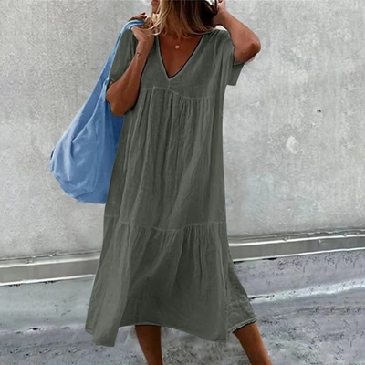 Vestido Casual Desiree con Elegante Corte Recto, Cuello en V y Práctico Bolsillo para Mujer