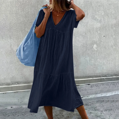 Vestido Casual Desiree con Elegante Corte Recto, Cuello en V y Práctico Bolsillo para Mujer