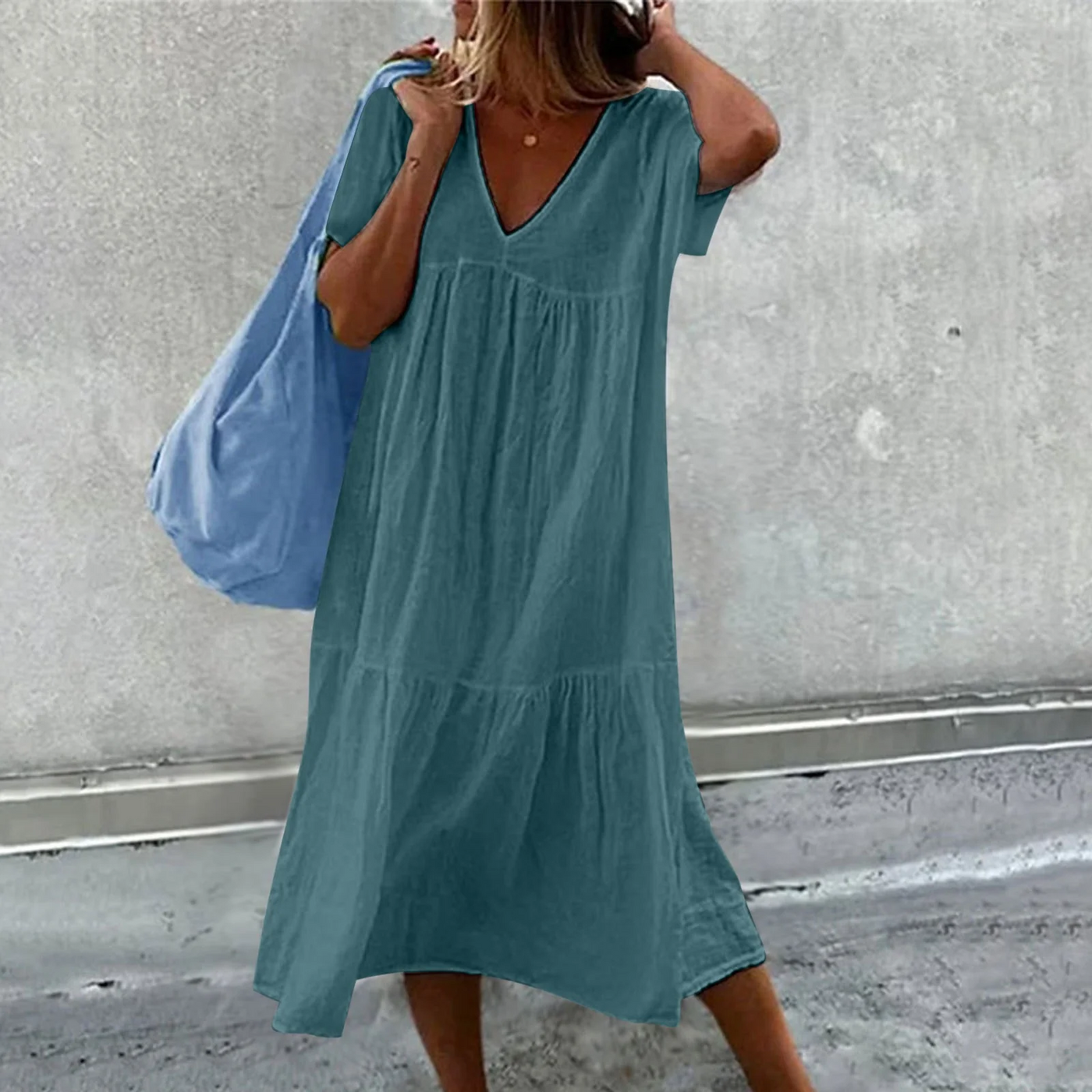 Vestido Casual Desiree con Elegante Corte Recto, Cuello en V y Práctico Bolsillo para Mujer