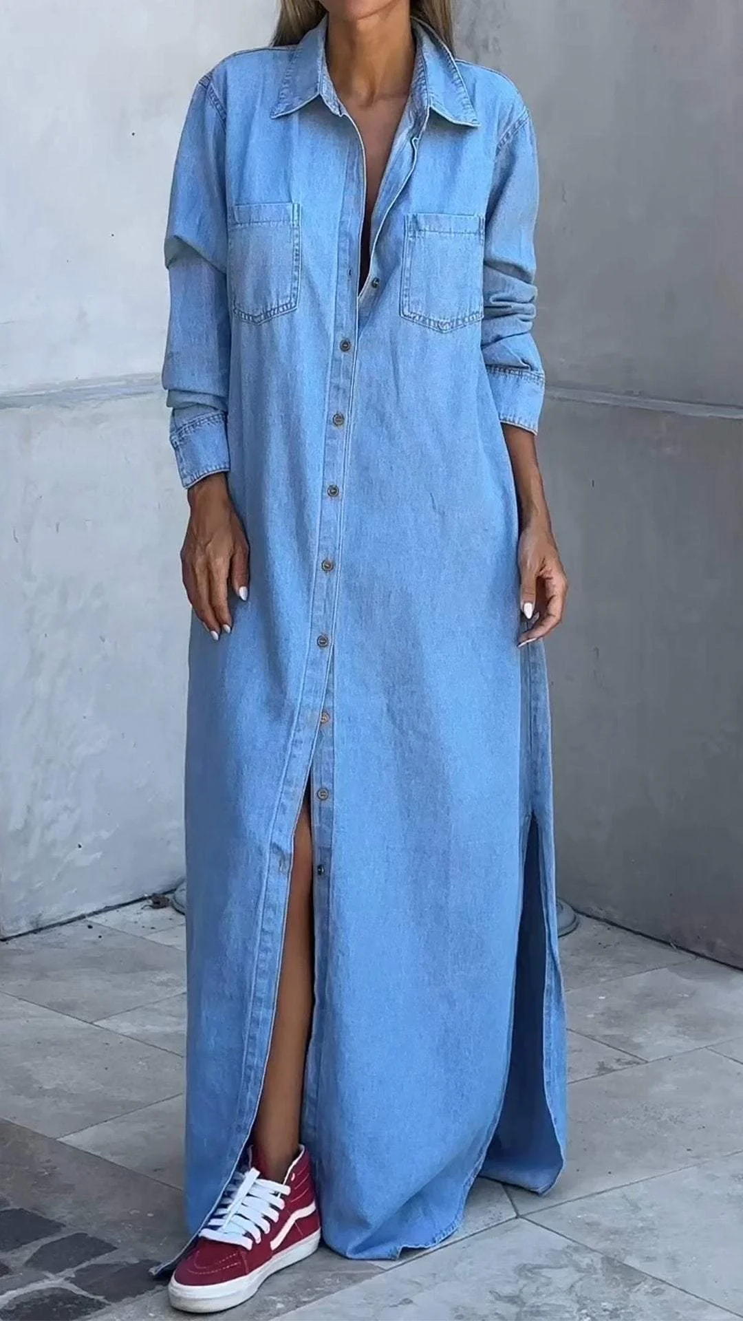 Sophia - Elegantemente largo vestido de mezclilla con mangas largas y cuello sofisticado