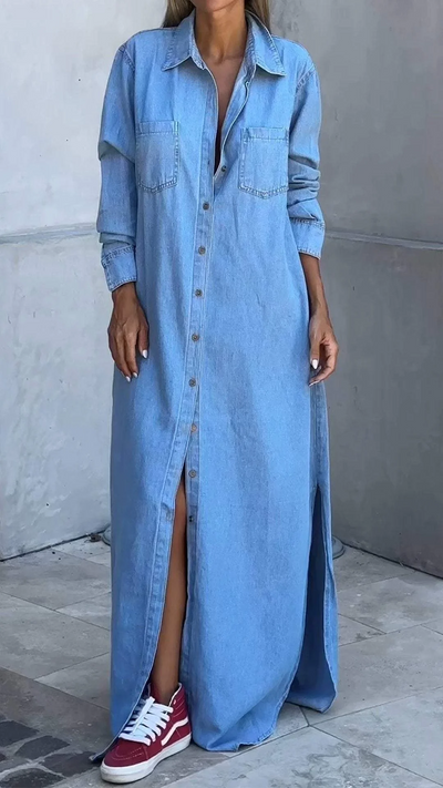 Sophia - Elegantemente largo vestido de mezclilla con mangas largas y cuello sofisticado