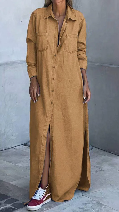 Sophia - Elegantemente largo vestido de mezclilla con mangas largas y cuello sofisticado