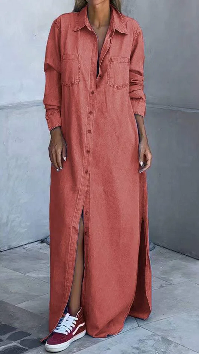 Sophia - Elegantemente largo vestido de mezclilla con mangas largas y cuello sofisticado