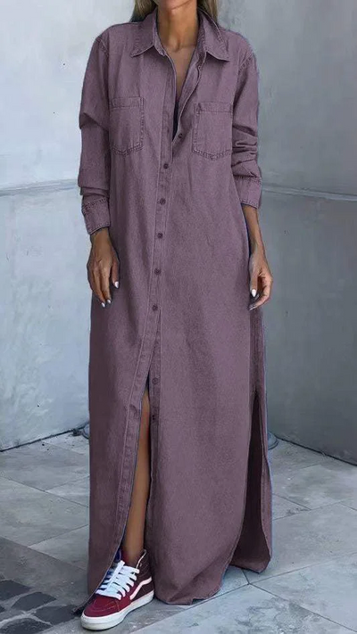 Sophia - Elegantemente largo vestido de mezclilla con mangas largas y cuello sofisticado