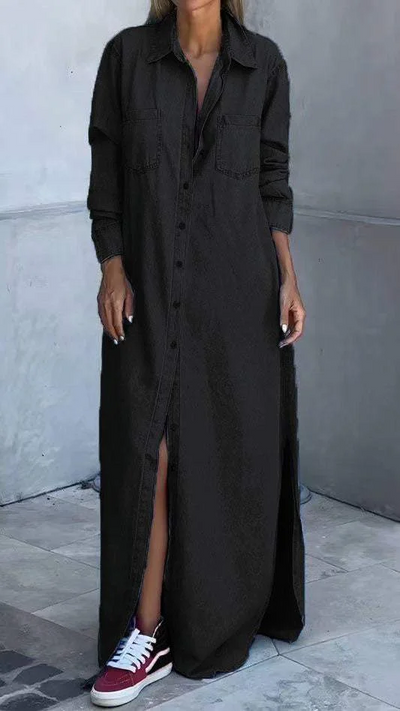Sophia - Elegantemente largo vestido de mezclilla con mangas largas y cuello sofisticado