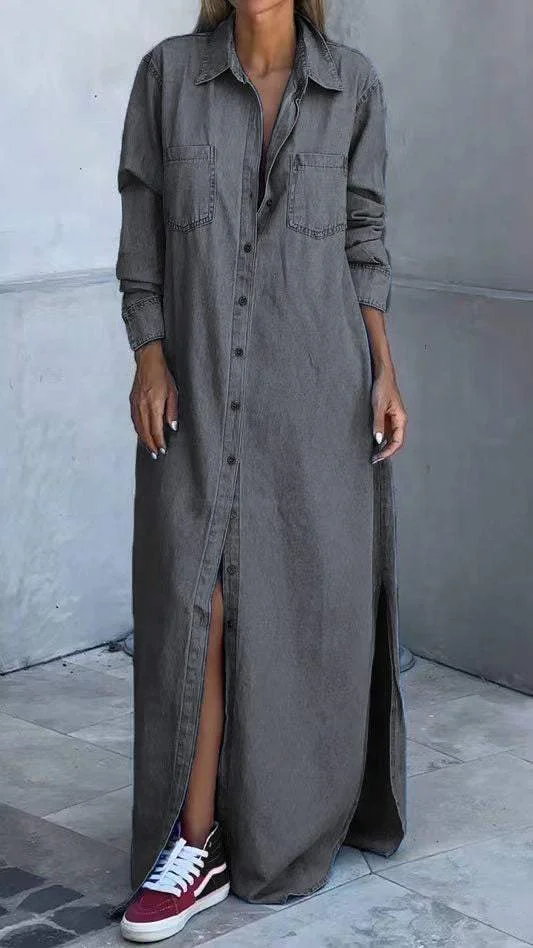 Sophia - Elegantemente largo vestido de mezclilla con mangas largas y cuello sofisticado