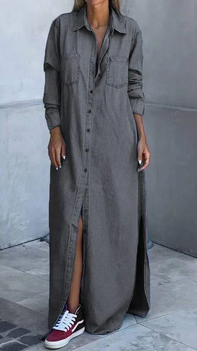 Sophia - Elegantemente largo vestido de mezclilla con mangas largas y cuello sofisticado