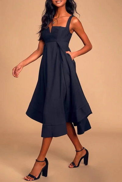 Vestido Midi Azul Marino con Cintura Imperio - Elegancia y Estilo en Cada Paso