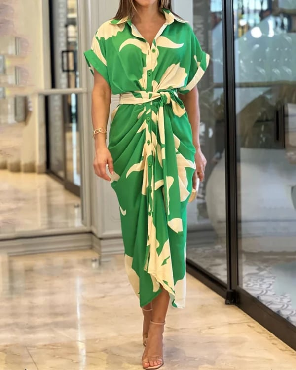 Vestido Brenda: Elegante estampado con botones y delicado lazo en la cintura