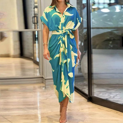 Vestido Brenda: Elegante estampado con botones y delicado lazo en la cintura