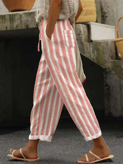 Pantalones Étnicos de Rayas Alba - Con Cintura Elástica y Diseño Holgado con Cordón