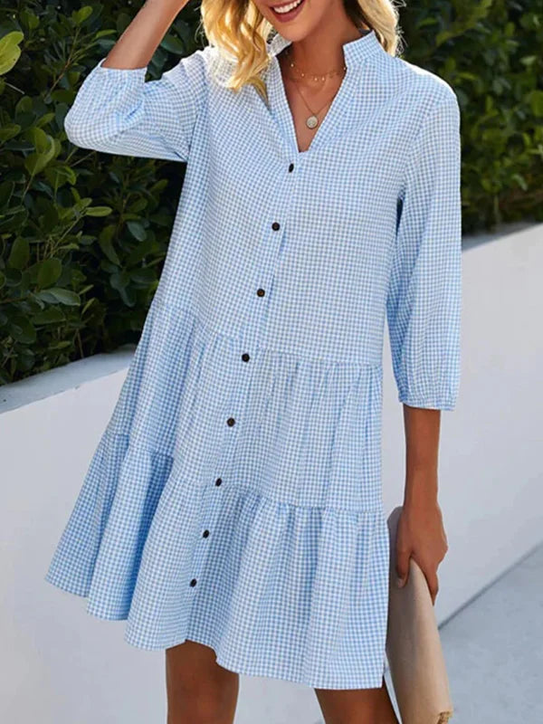 Raquel - Elegante vestido camisero de corte A, con diseño holgado, botones en cuadros, detalle de articulación dividida y sofisticado cuello alto