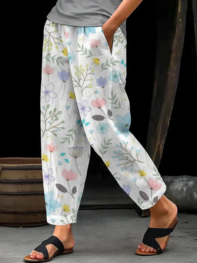 Fiona - Pantalones casuales amplios para mujer con encantador diseño floral y cómoda cintura elástica con cordones