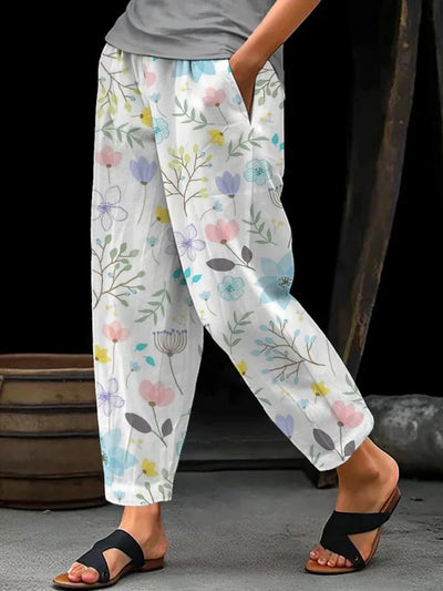 Fiona - Pantalones casuales amplios para mujer con encantador diseño floral y cómoda cintura elástica con cordones